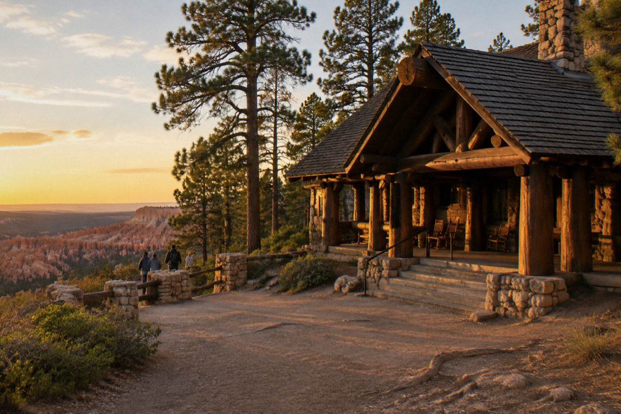 Log lodge among tall pines at sunset beside the canyon rim