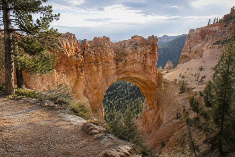 A red rock arch spanning a forested canyon along the southern scenic drive at Bryce Canyon